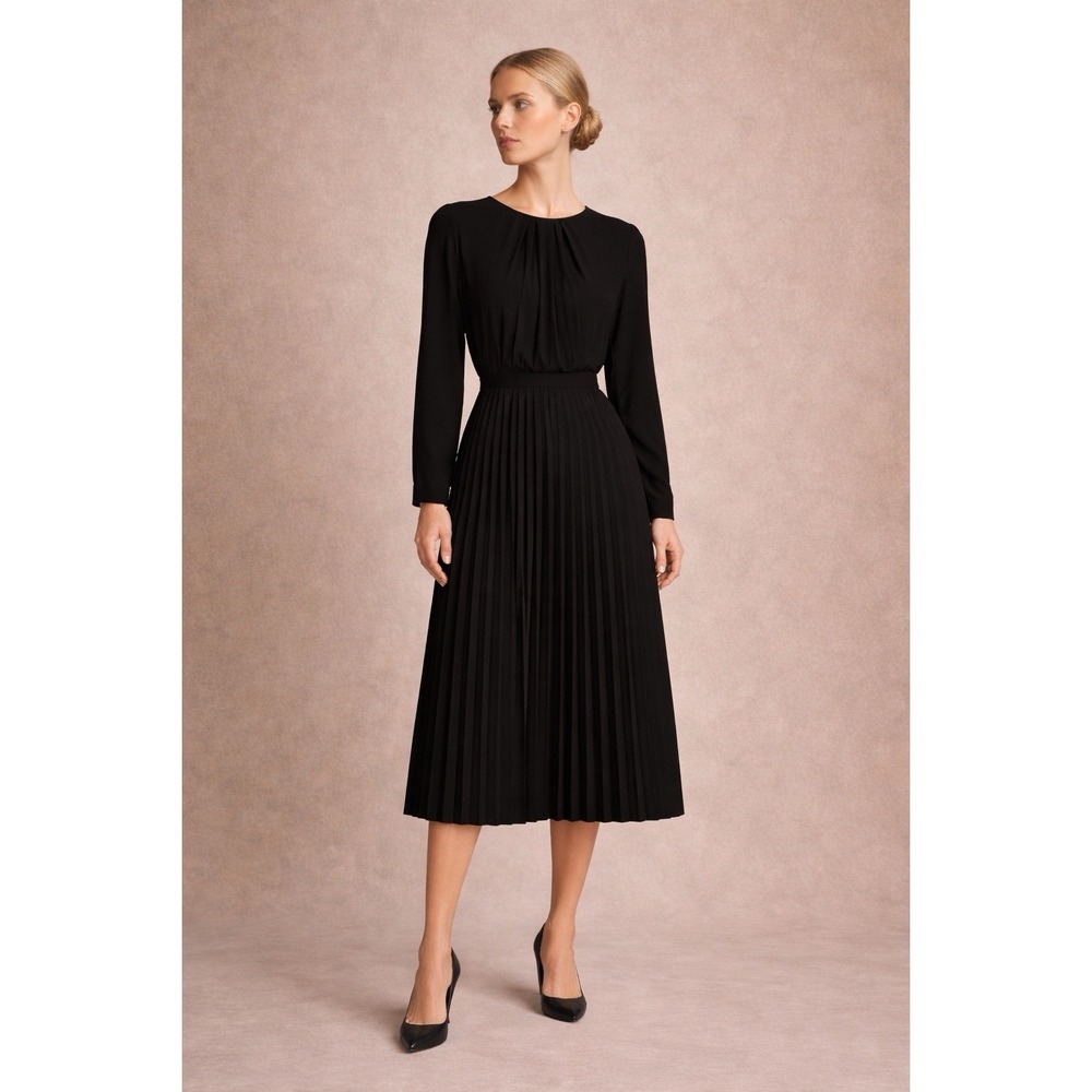 The Korner Black Pleated Midi Dress NWT Size S 45" Long Sleeve‎ 90s Minimalist